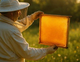 Imker hält goldene Honigwabe im Sonnenlicht