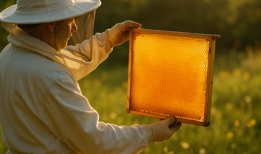 Imker hält goldene Honigwabe im Sonnenlicht