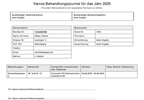 Varroa-Behandlungsjournal als PDF-Export aus iBeekeeper