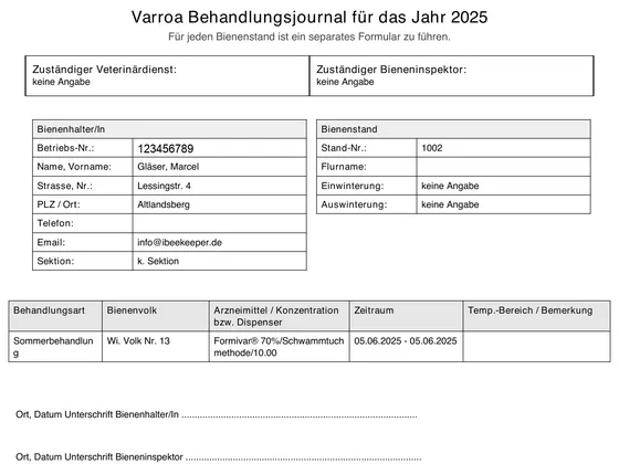 Varroa-Behandlungsjournal als PDF-Export aus iBeekeeper