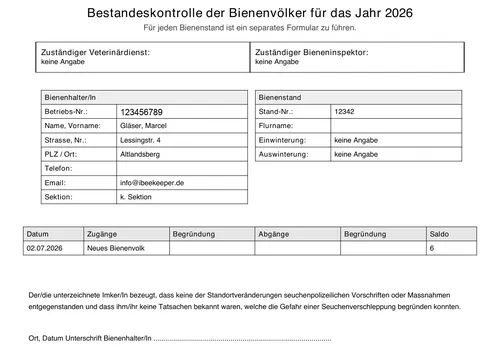 Bestandeskontrolle der Bienenvölker als PDF-Export aus iBeekeeper