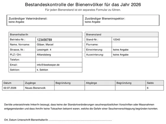 Bestandeskontrolle der Bienenvölker als PDF-Export aus iBeekeeper
