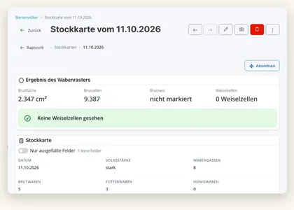Ergebnis des Wabenrasters in einer Stockkarte der Webanwendung: Brutfläche, Brutzellen, Brutnest und Weiselzellen