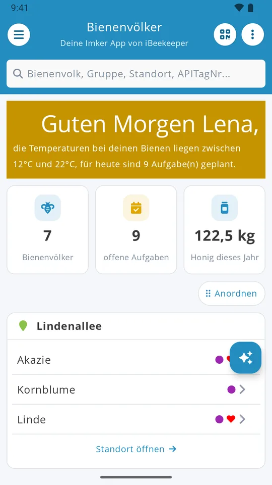 Pantalla de inicio de la app Bienenvölker con colmenas, tareas pendientes y la miel de este año