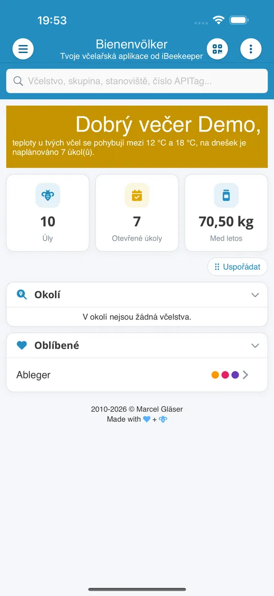 Úvodní obrazovka aplikace Bienenvölker se včelstvy, otevřenými úkoly a letošním medem