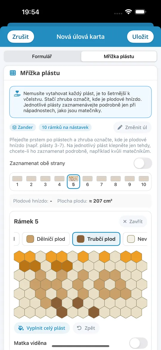 Mřížka plástů v aplikaci Bienenvölker pro iPhone
