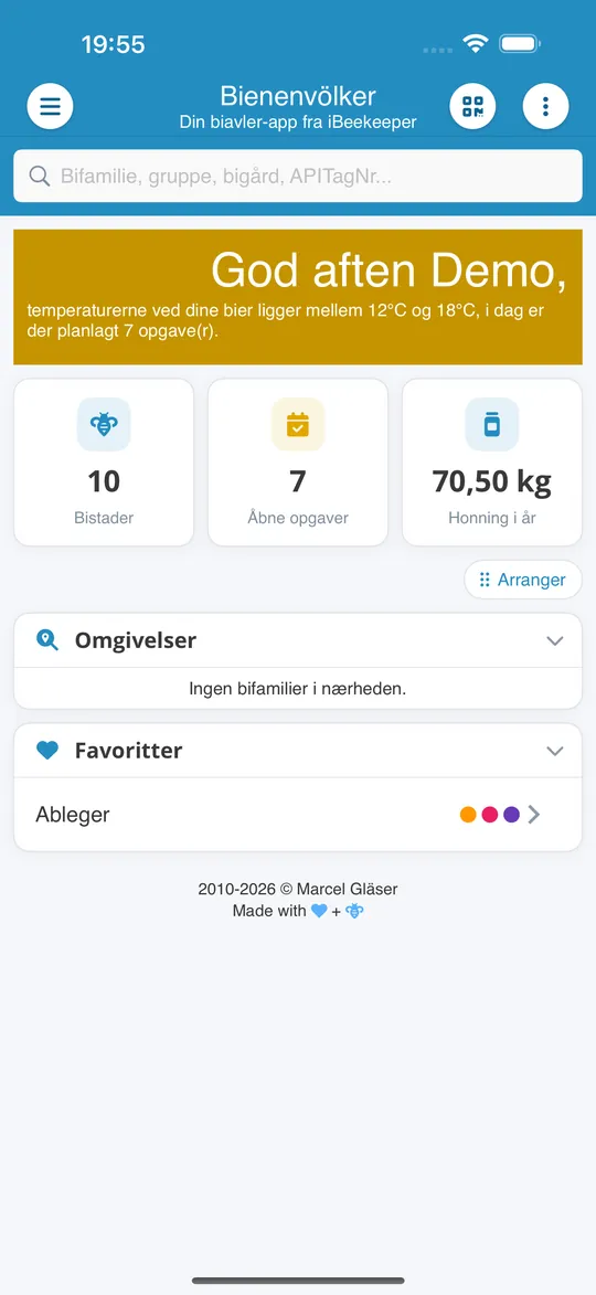 Startsiden i appen Bienenvölker med bifamilier, åbne opgaver og årets honning