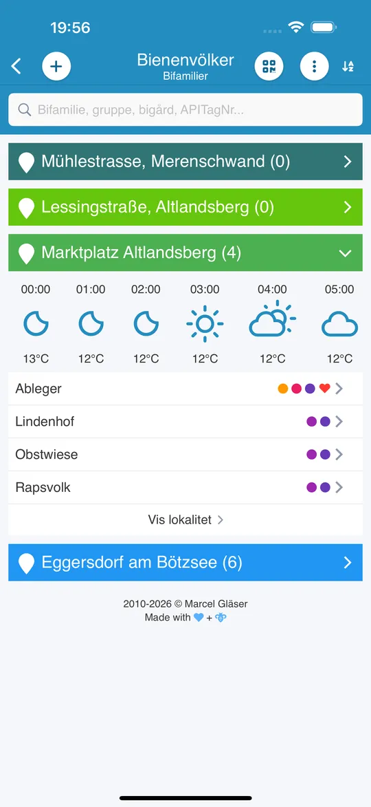 Bigård med vejret for de næste timer og dens bifamilier