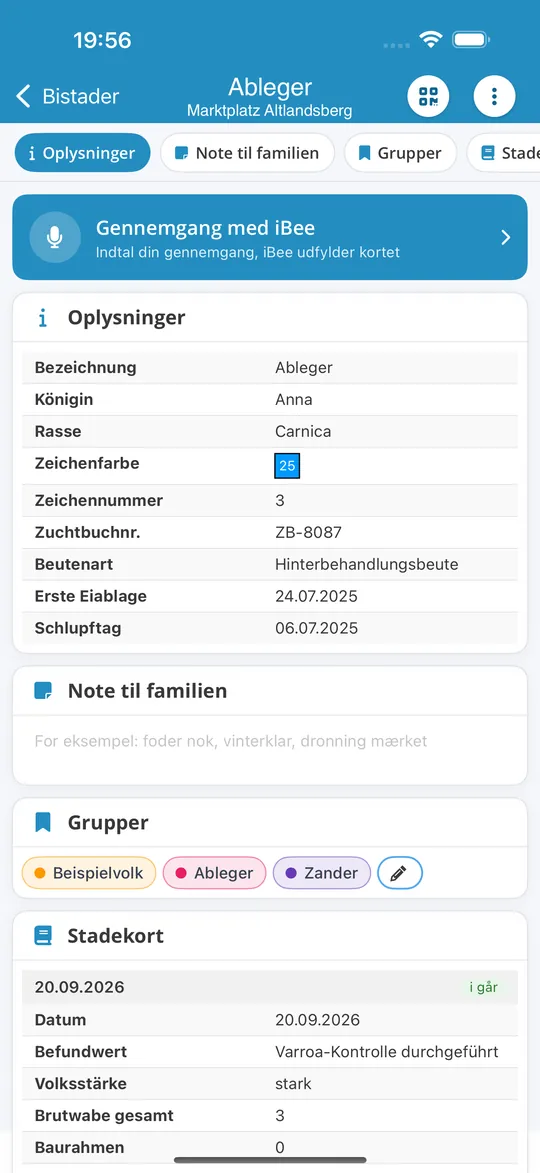 Bifamilie i iPhone-appen med knappen »Gennemgang med iBee«