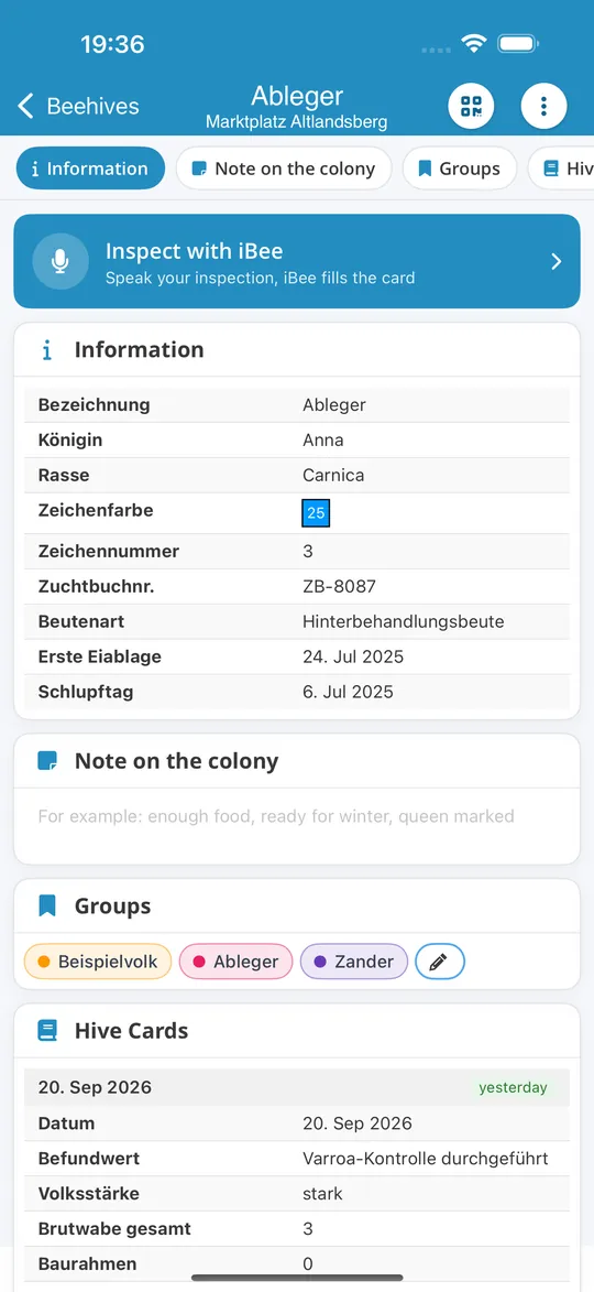 Colony in the iPhone app with the Inspect with iBee button