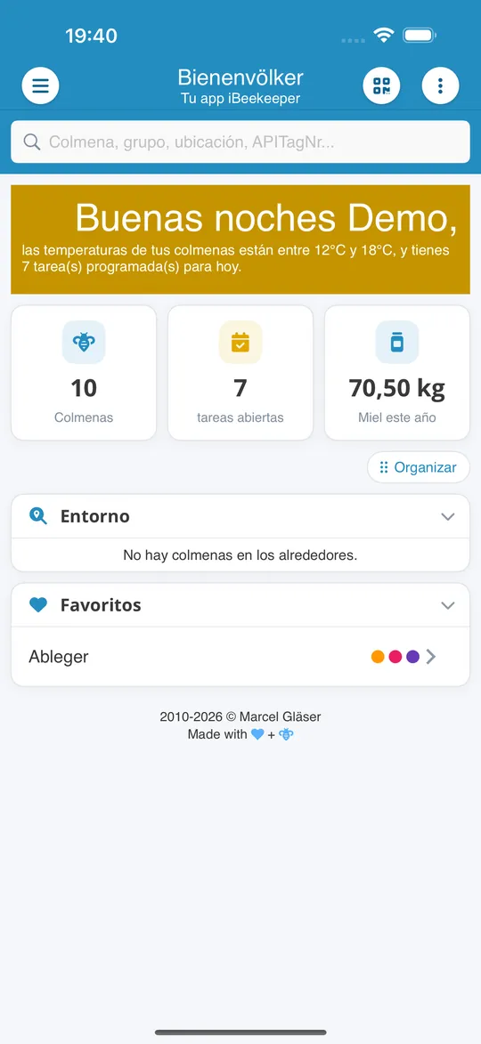 Pantalla de inicio de la app Bienenvölker con colmenas, tareas pendientes y la miel de este año