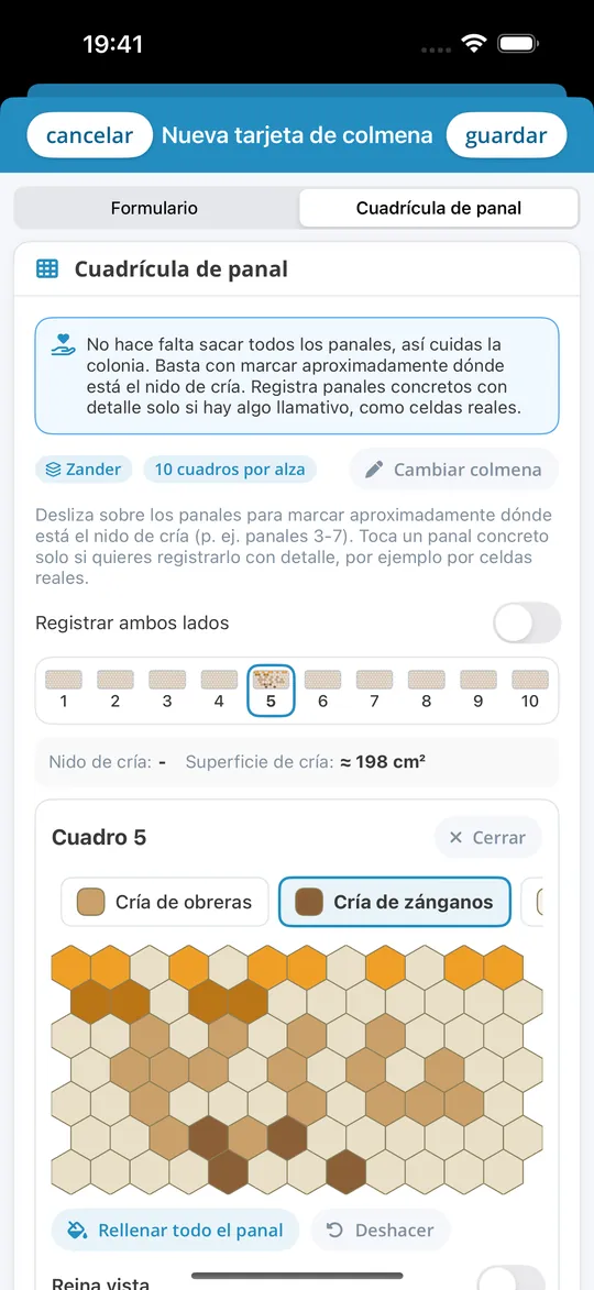 Cuadrícula de panales en la app para iPhone Bienenvölker