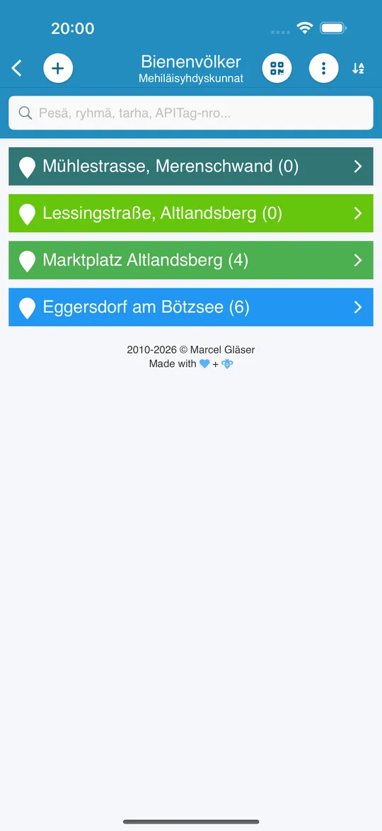 Mehiläistarhat ja niiden mehiläisyhdyskuntien määrä