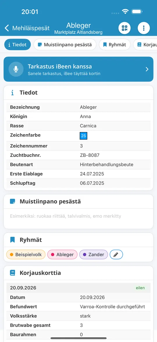 Mehiläisyhdyskunta iPhone-sovelluksessa ja painike ”Tarkastus iBeen kanssa”