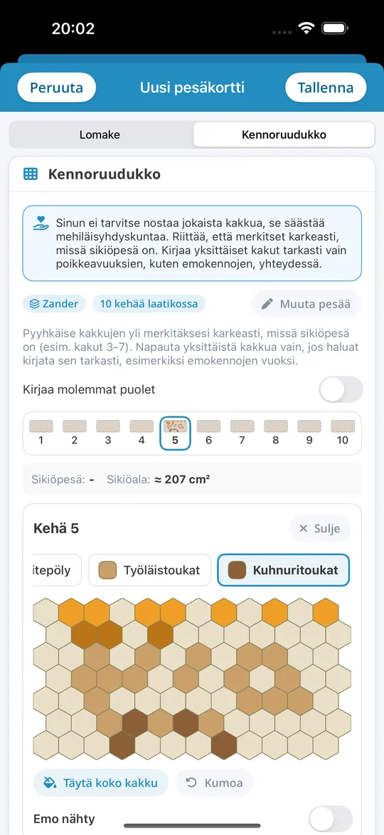 Kehäruudukko Bienenvölker-iPhone-sovelluksessa