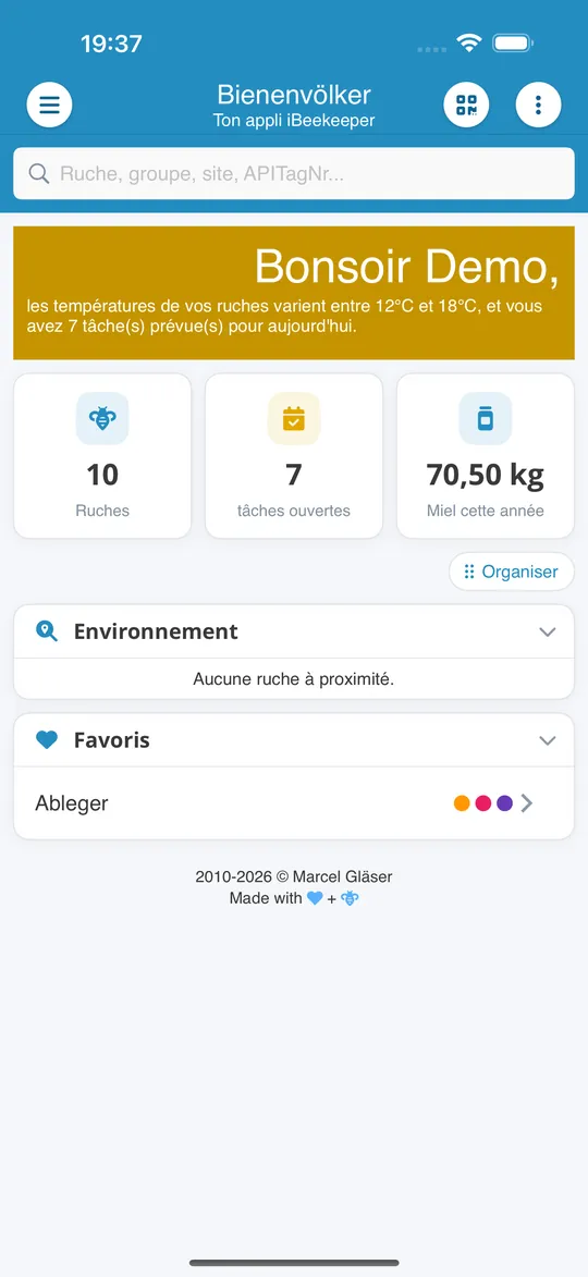 Écran d'accueil de l'application Bienenvölker
