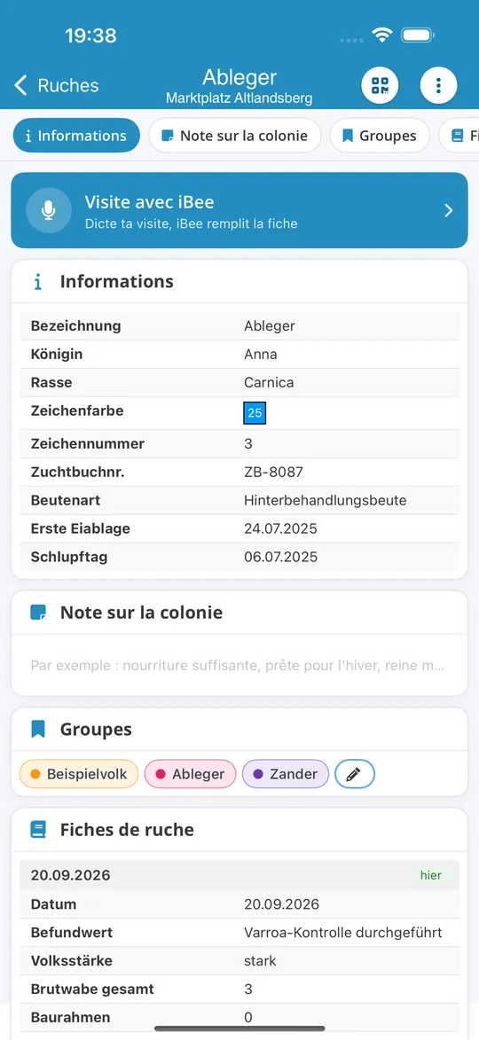 Colonie dans l'application iPhone avec le bouton Visite avec iBee