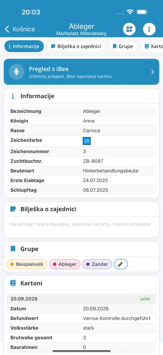 Pčelinja zajednica u aplikaciji za iPhone s gumbom „Pregled s iBee“