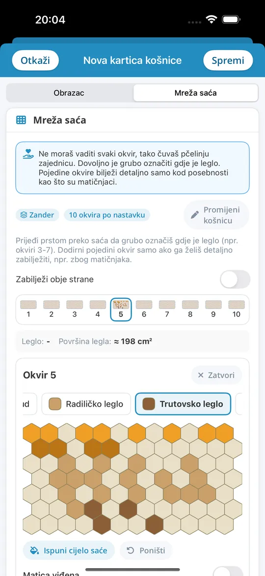 Mreža okvira u aplikaciji Bienenvölker za iPhone