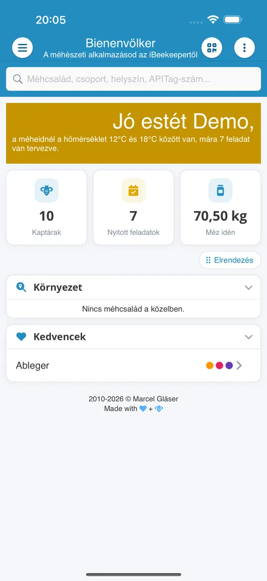 A Bienenvölker app kezdőoldala méhcsaládokkal, nyitott feladatokkal és az idei mézzel