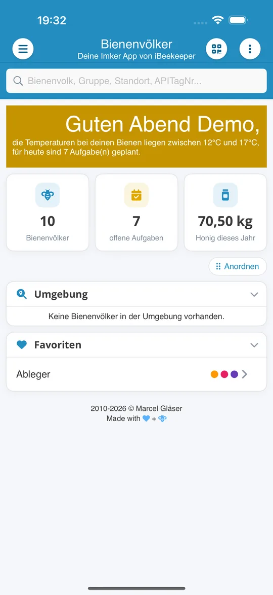 Startseite der App Bienenvölker