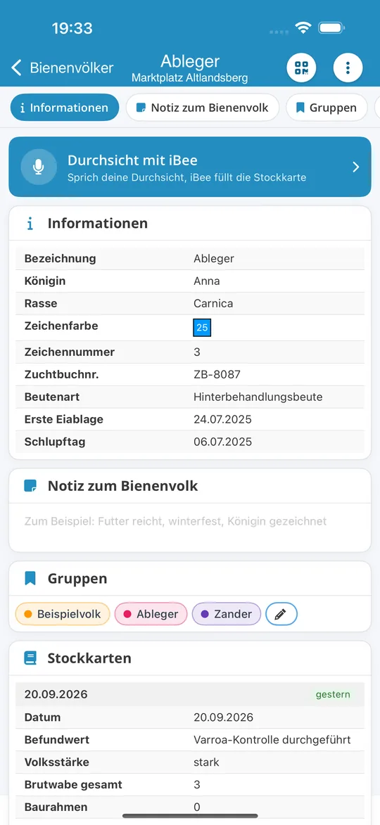 Bienenvolk in der iPhone-App mit dem Knopf „Durchsicht mit iBee“