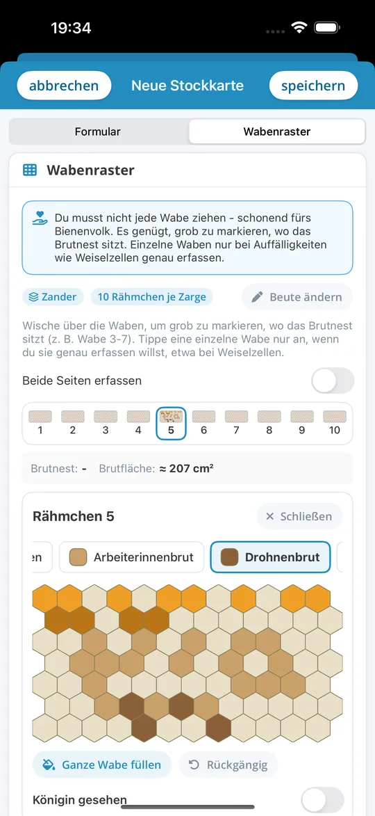Wabenraster in der iPhone-App Bienenvölker