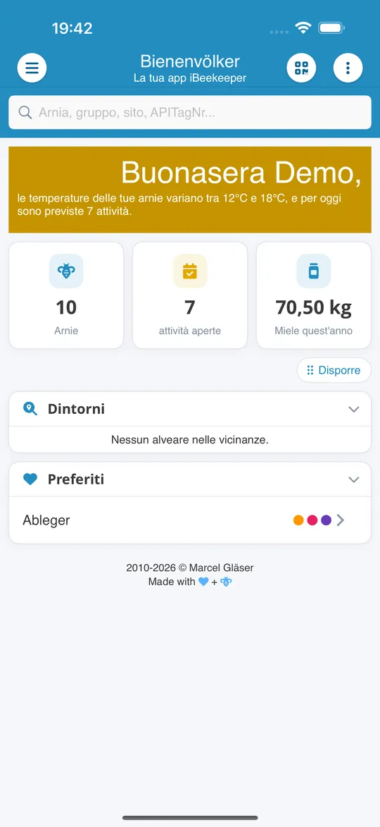 Pagina iniziale dell'app Bienenvölker con famiglie, attività aperte e miele di quest'anno