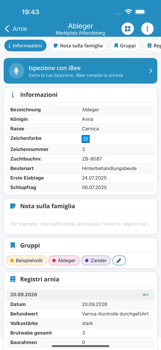 Famiglia nell'app per iPhone con il pulsante «Ispezione con iBee» per la visita