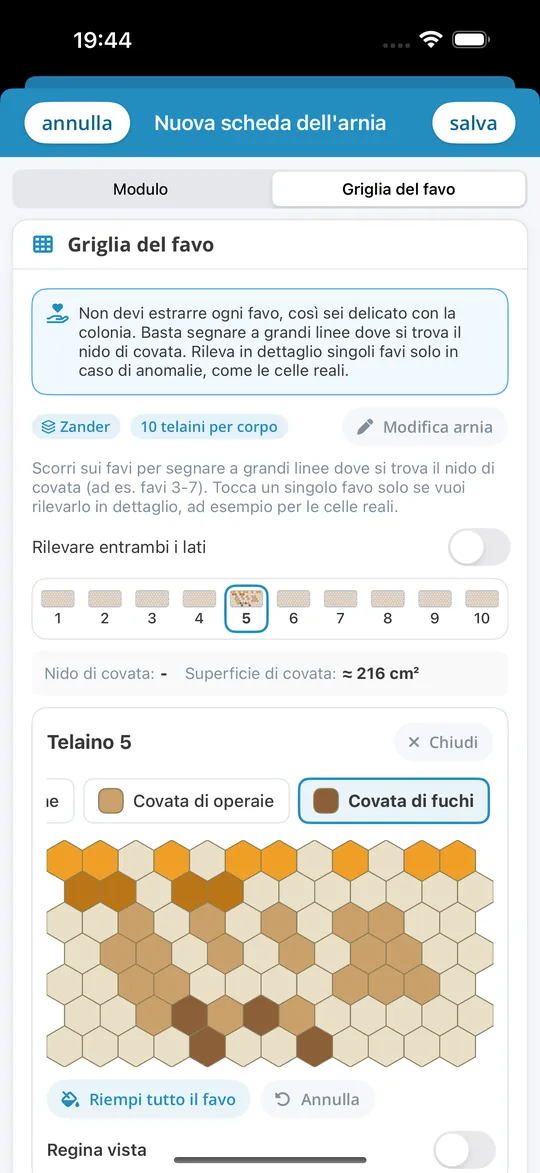 Griglia dei favi nell'app per iPhone Bienenvölker