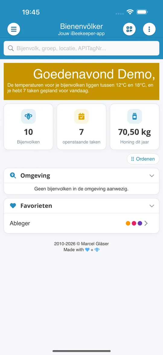 Startscherm van de app Bienenvölker met bijenvolken, open taken en honing van dit jaar