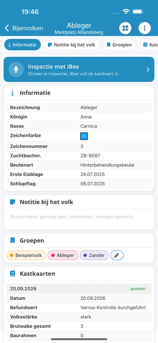 Bijenvolk in de iPhone-app met de knop “Inspectie met iBee”