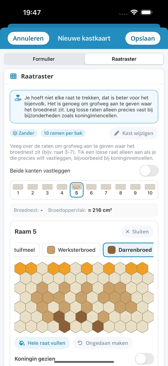 Raatraster in de iPhone-app Bienenvölker