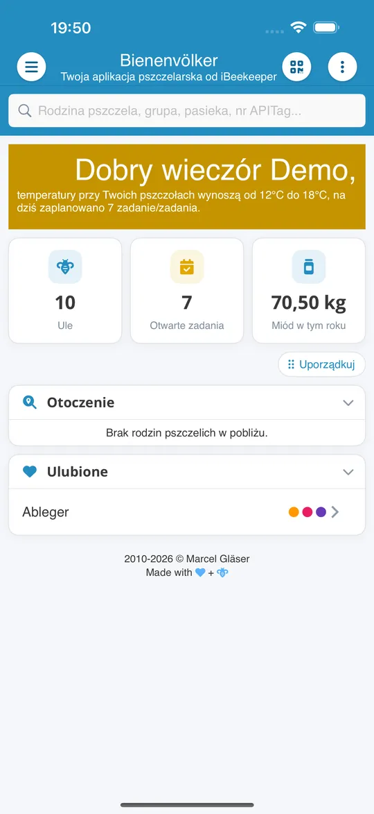 Ekran startowy aplikacji Bienenvölker z rodzinami pszczelimi, otwartymi zadaniami i miodem z tego roku
