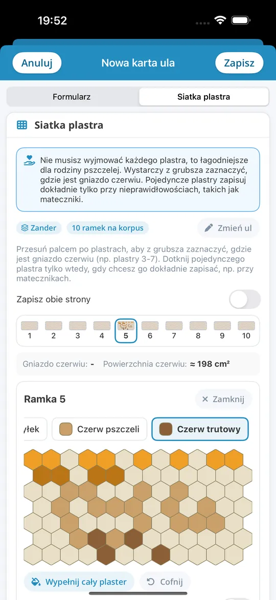Siatka plastrów w aplikacji Bienenvölker na iPhone’a