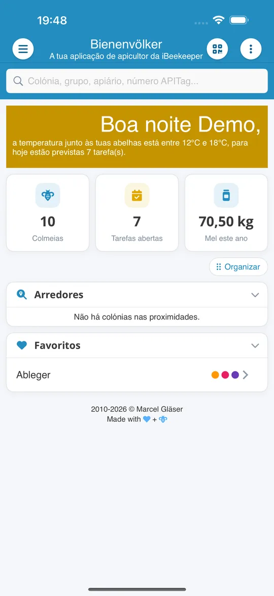 Página inicial da app Bienenvölker com colónias, tarefas pendentes e mel deste ano
