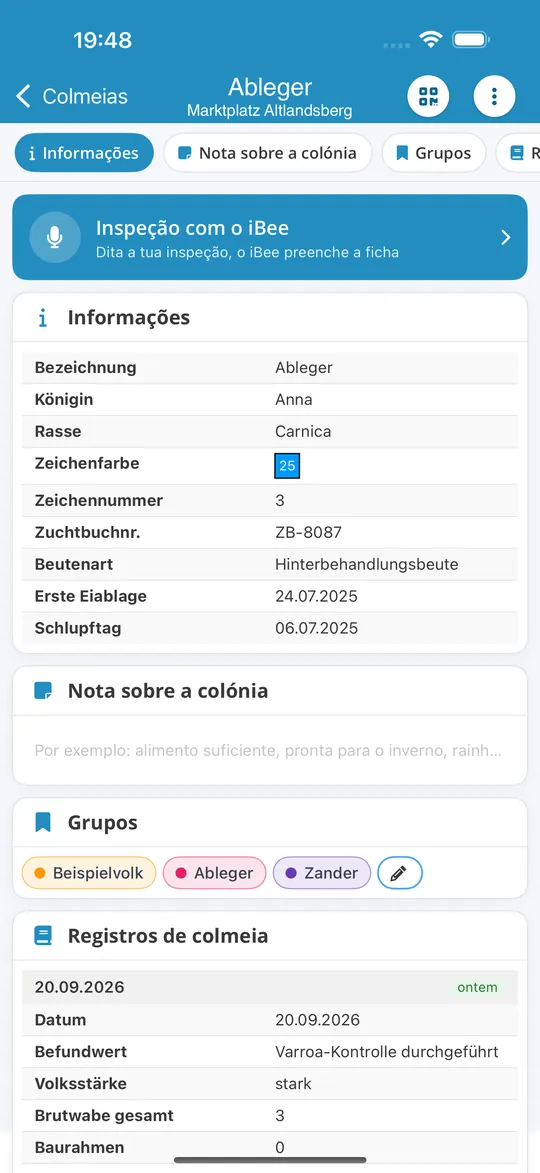 Colónia na app para iPhone com o botão «Inspeção com o iBee»