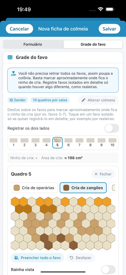 Grelha de favos na app para iPhone «Bienenvölker»