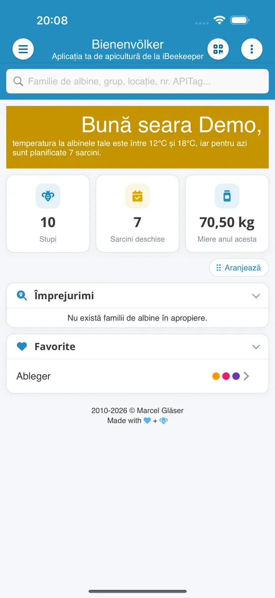 Pagina de start a aplicației „Bienenvölker”, cu familiile de albine, sarcinile deschise și mierea din acest an