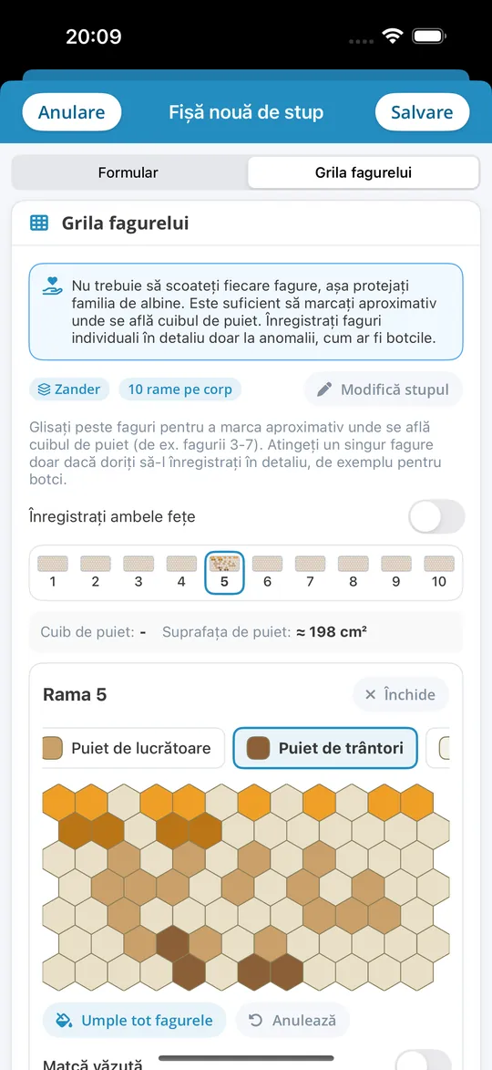 Grila de faguri în aplicația pentru iPhone „Bienenvölker”