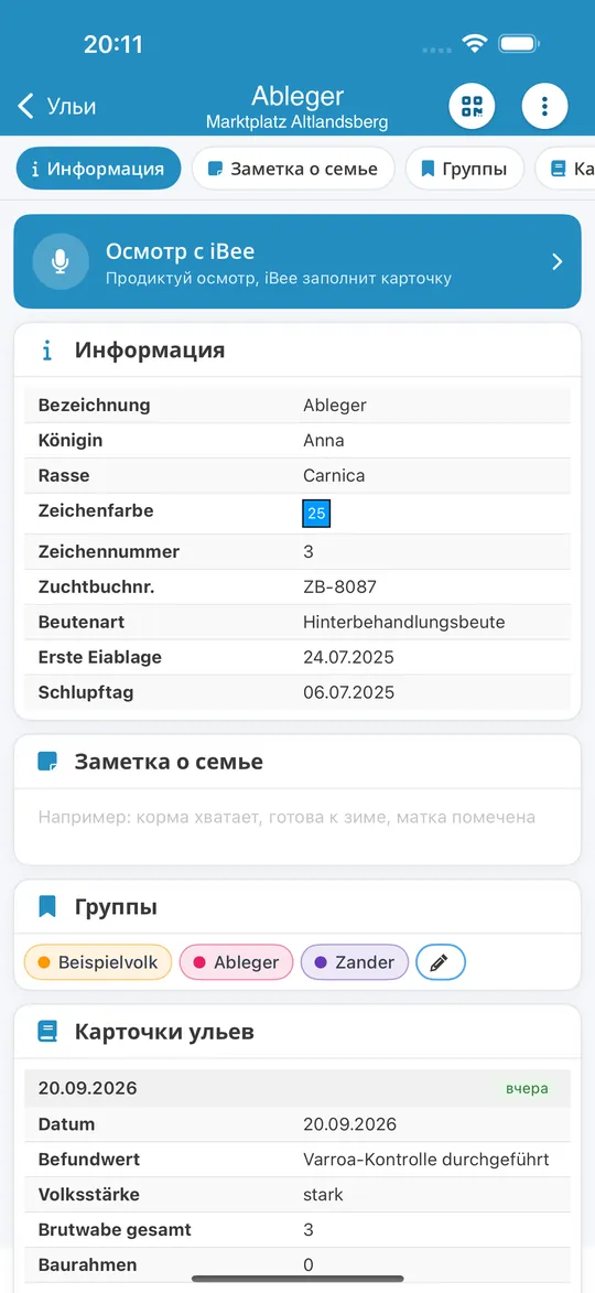 Пчелиная семья в приложении для iPhone с кнопкой «Осмотр с iBee»