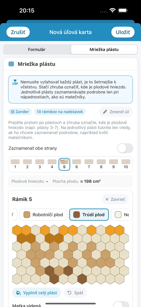 Mriežka plástov v aplikácii Bienenvölker pre iPhone