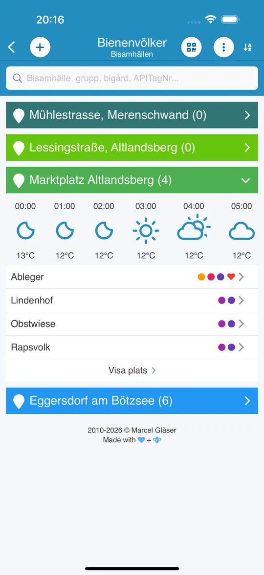 Bigård med väder för de närmaste timmarna och dess bisamhällen