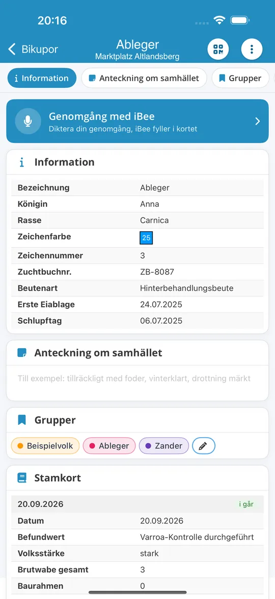 Bisamhälle i iPhone-appen med knappen ”Genomgång med iBee”