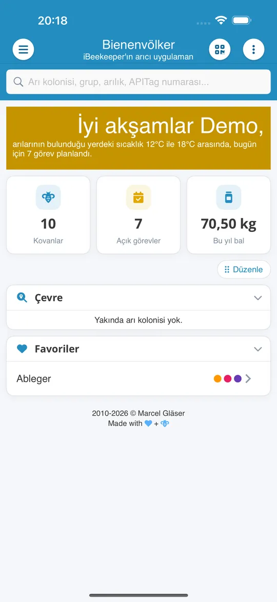 Bienenvölker uygulamasının ana ekranı: koloniler, açık görevler ve bu yılın balı
