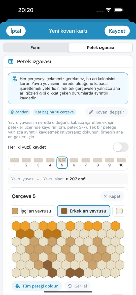 iPhone uygulaması Bienenvölker'de çerçeve ızgarası