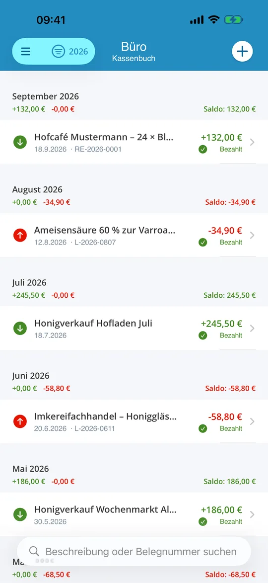 Büro: Kassenbuch nach Monaten mit Saldo