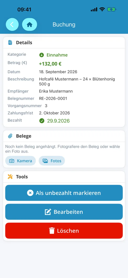 Büro: Buchung mit dem Kasten Belege und den Knöpfen Kamera und Fotos