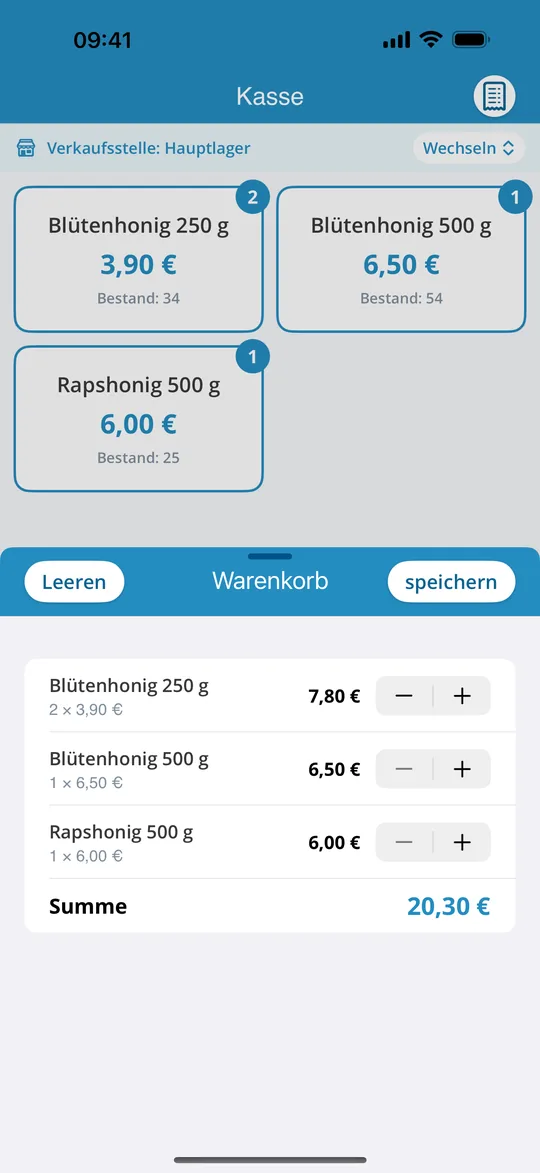 Kasse: Warenkorb mit Summe