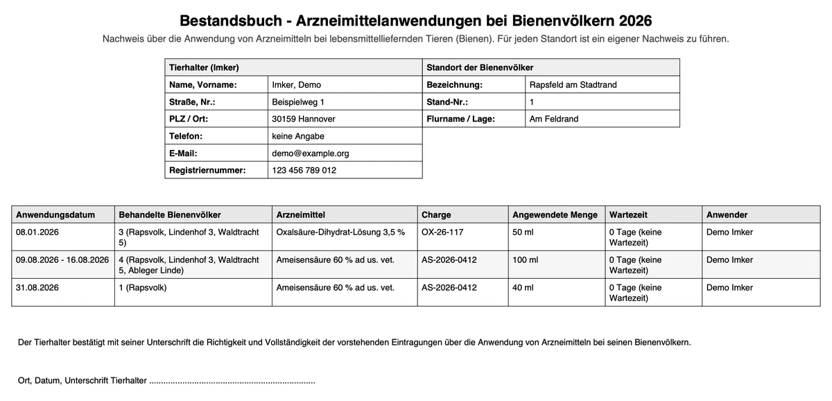 Bestandsbuch als PDF mit Beispieldaten: Tierhalter, Standort, drei Behandlungen mit Arzneimittel, Charge, Menge, Wartezeit und Anwender, darunter das Unterschriftsfeld